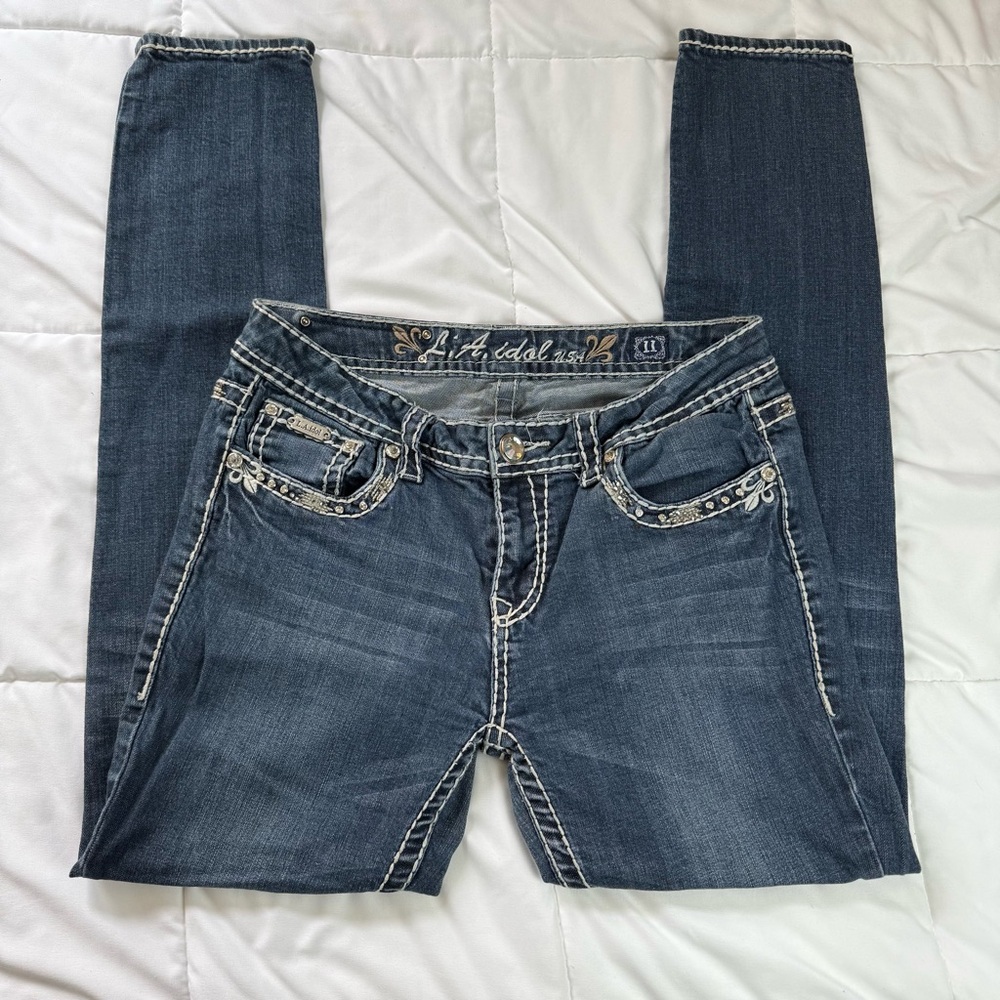 L.A. idol Women's Blueโ Jeans Y2K Low Rise Skinny Embroidered Size 11 - Picture 2 of 9